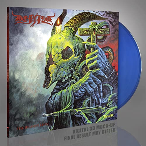Metal album cover with skull, horns, and candle, with a blue vinyl record.