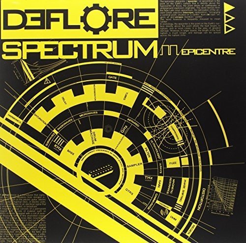 Deflore album cover: black background with yellow geometric and text design.