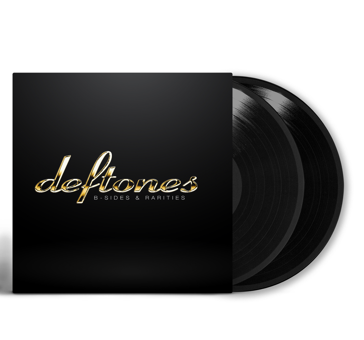Deftones B-Sides and Rarities vinyl record jacket with gold lettering and two black discs.