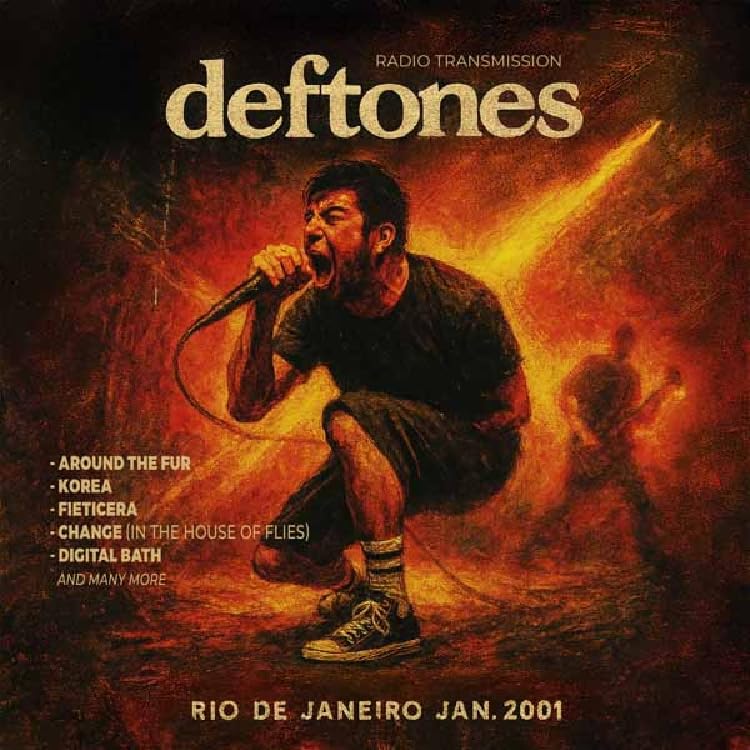 Deftones CD cover showing a singer performing on stage with a fiery orange background.