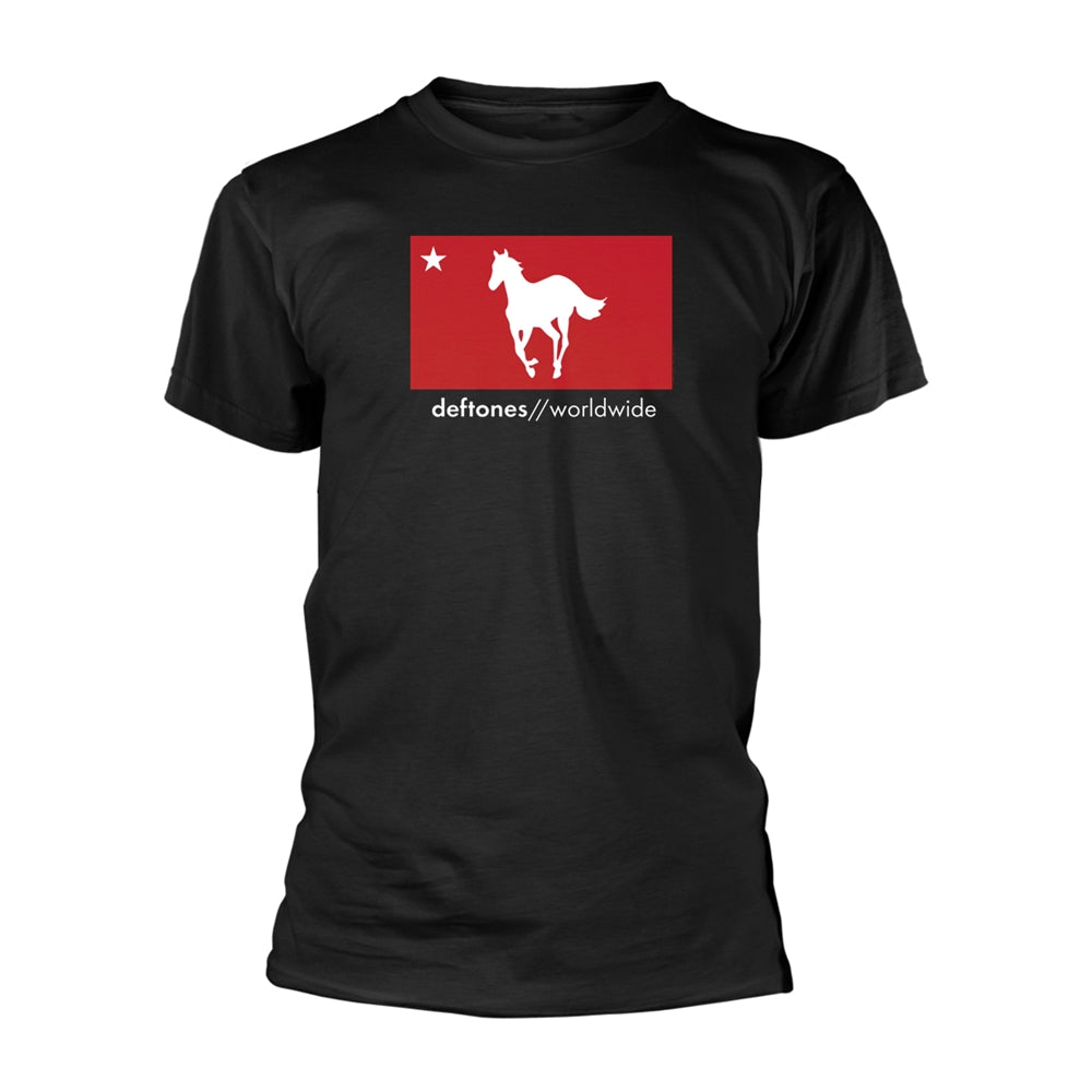 Black t-shirt with a white horse and flag design for Deftones.