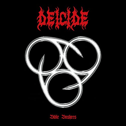 Deicide album cover: black background, red logo, and white interlocking rings.