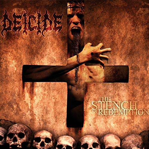 Deicide album cover: distressed cross, skulls, and anguished figure.