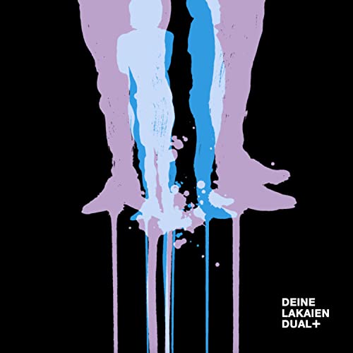 Abstract purple and blue silhouettes of figures dripping against a solid black background.
