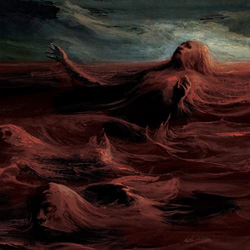 Dark, textured painting of a figure submerged in red, turbulent waves.
