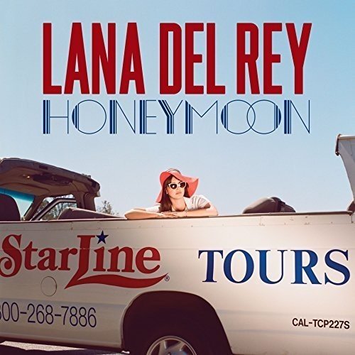 Lana Del Rey album cover, woman in red hat by a car.