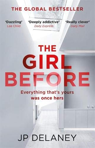 Book cover: "The Girl Before" by JP Delaney, red text on white background.