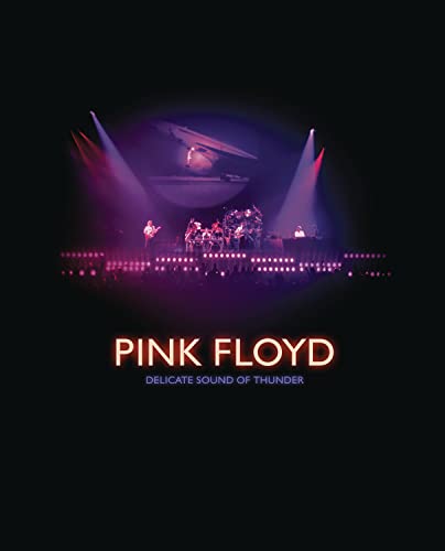 Pink Floyd concert stage with band illuminated by purple spotlights.