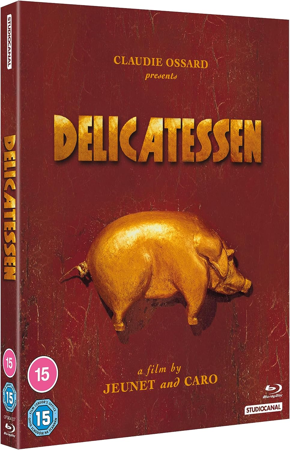 Blu-ray cover for “Delicatessen” featuring a pig on a conveyor belt.