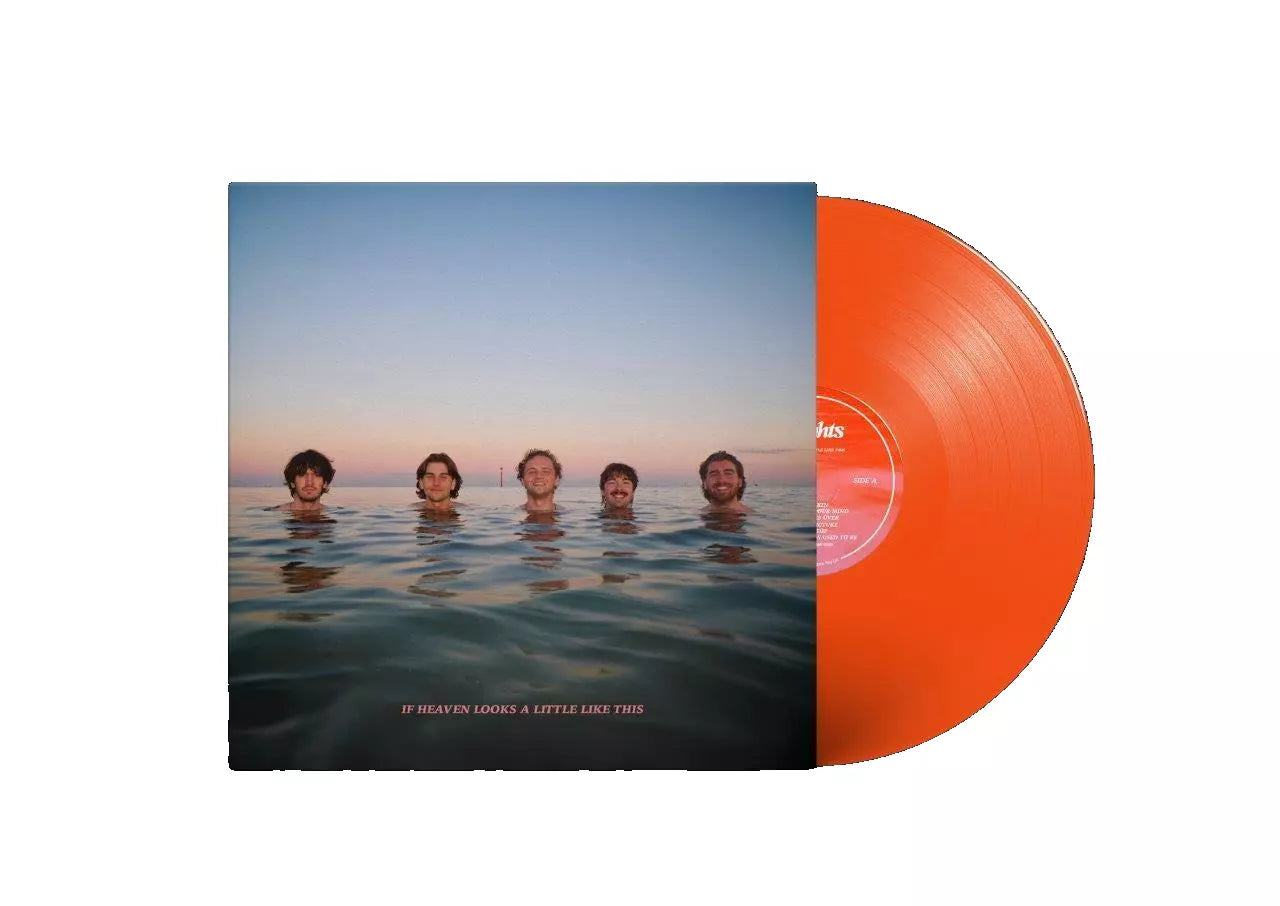Album cover showing five men in the ocean at sunset next to orange vinyl.