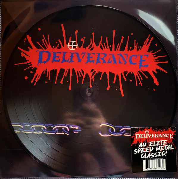 Black vinyl record with red “DELIVERANCE” text and chain graphics.