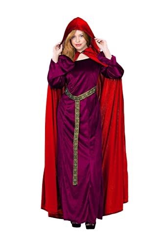 Woman wearing a long, hooded garnet red cloak and purple dress.