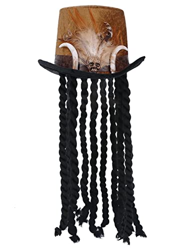 Witch doctor top hat with feathers, skull, horns, and long black braided hair.