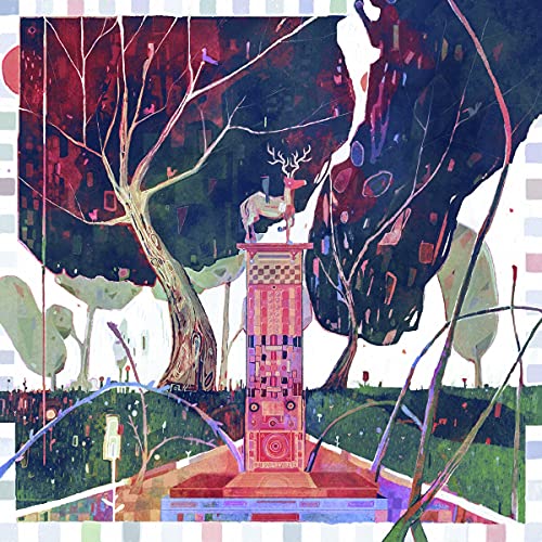 A stylized deer statue stands atop a patterned pillar amidst dark trees and foliage.