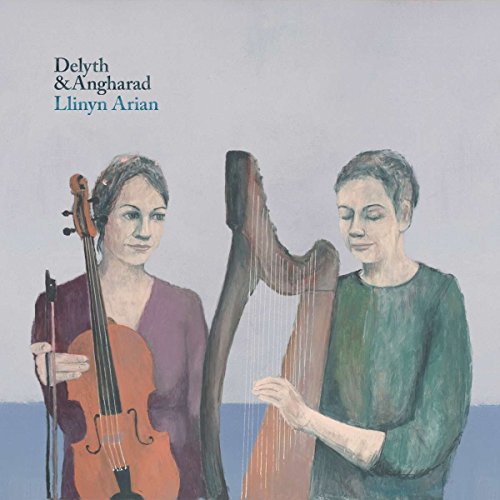 Painting of two women, one holding a violin and the other playing a harp.