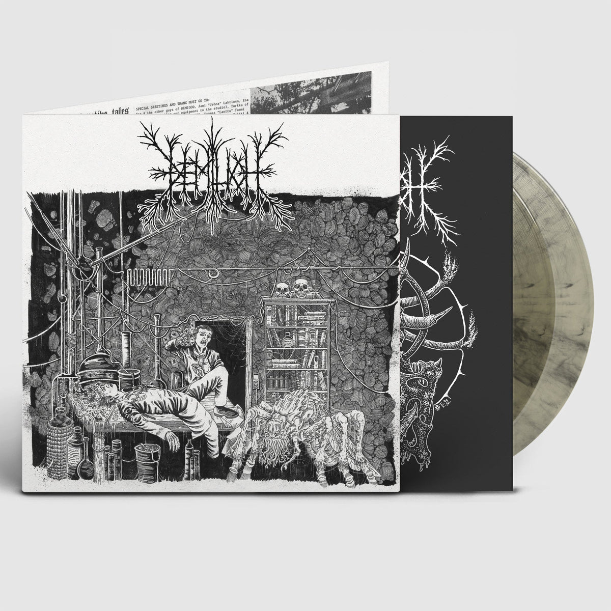 Vinyl record with detailed black and white illustration of a skeletal scene.