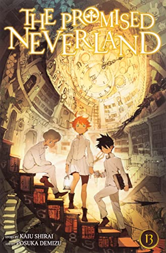 Three anime characters stand on a spiral staircase beneath a large, glowing clock face.