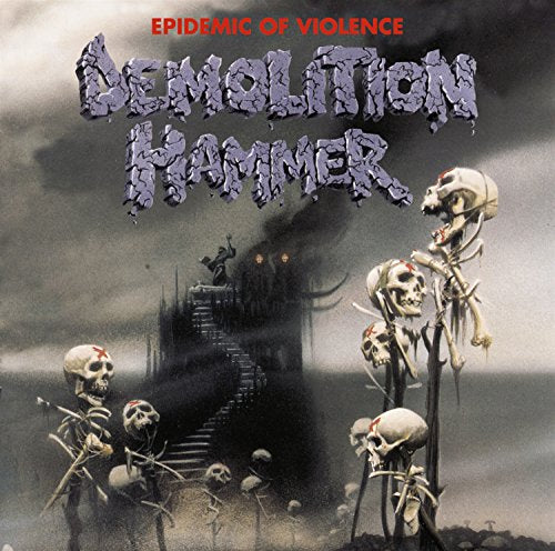Demolition Hammer album cover: skulls, a burning city, and gothic lettering.