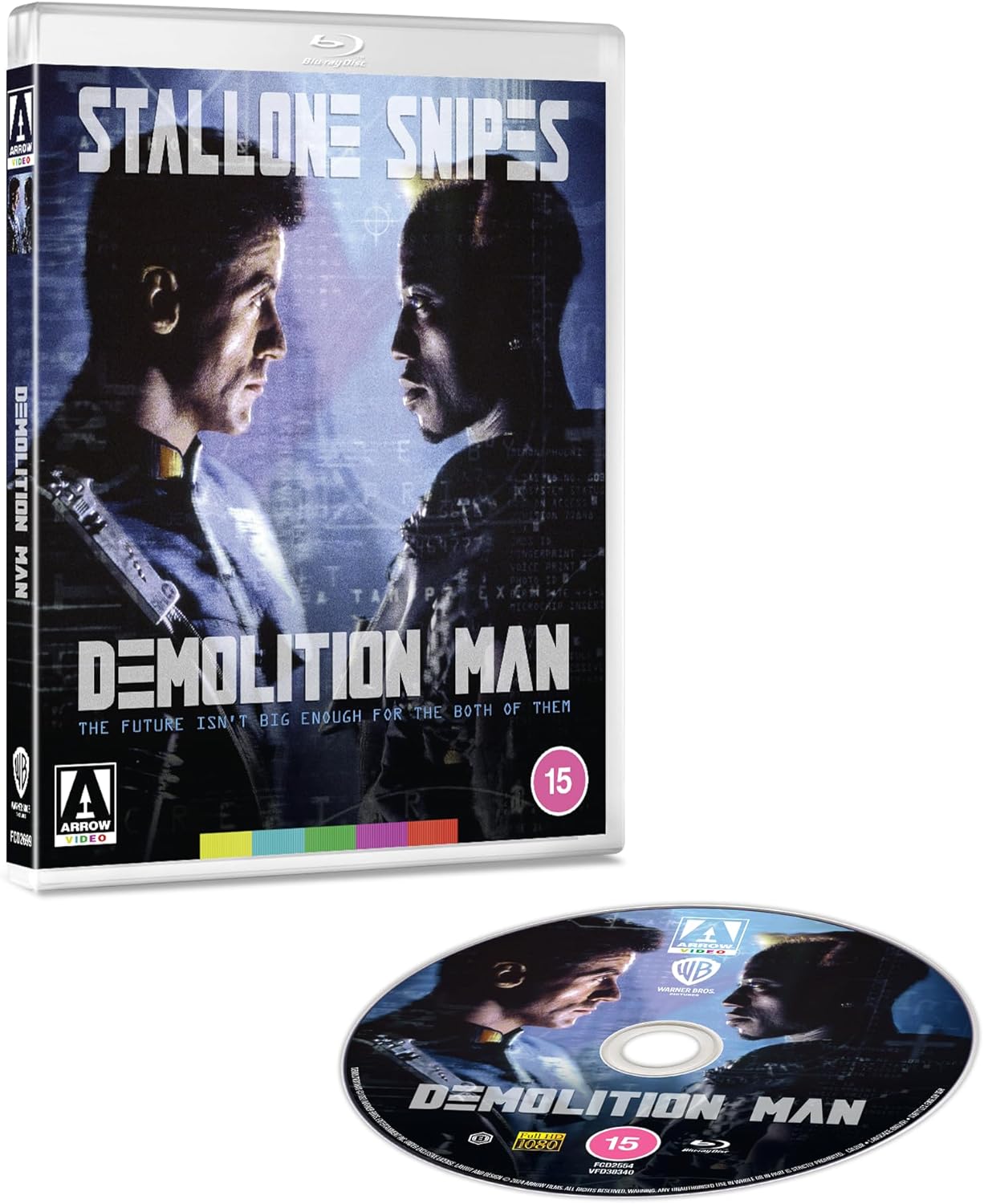 Demolition Man" Blu-ray case featuring Sylvester Stallone and Wesley Snipes.
