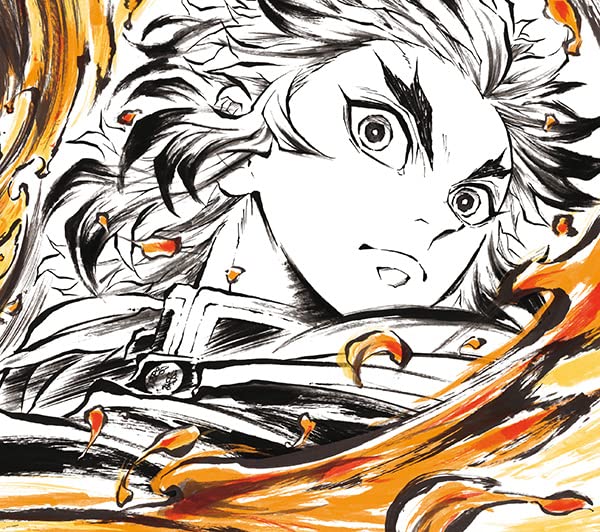 Tanjiro Kamado portrait with swirling orange and black ink splashes.
