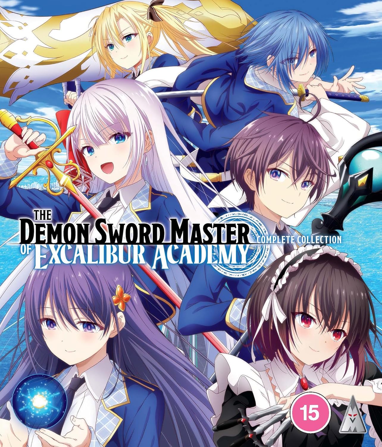 Anime cover featuring five characters with swords and magic against a blue sky.