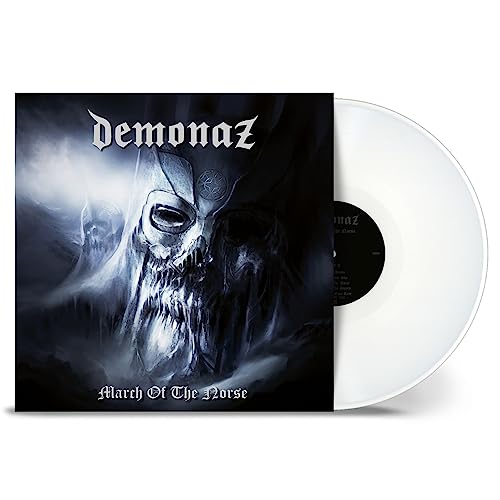 Demonaz March of the Norse album cover art next to a white vinyl record.