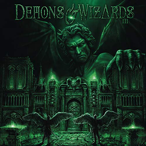 "CD case and discs with green-toned gothic artwork and 'Demons & Wizards III' title."