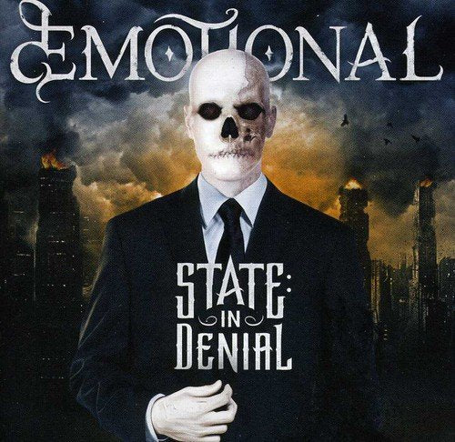 CD cover: skeletal man in suit before a burning cityscape.