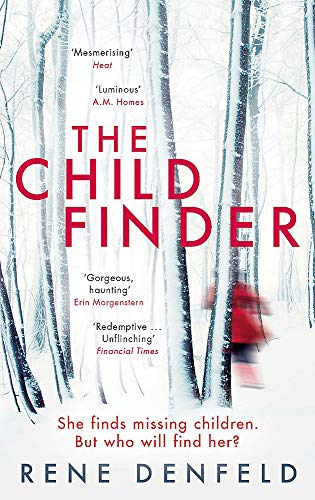 Book cover: "The Child Finder" with a snowy forest and a red-coated figure.