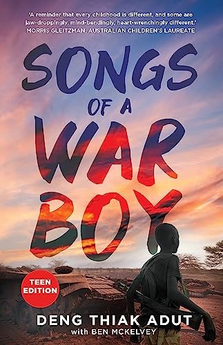 Book cover: "Songs of a War Boy," teen edition, with a boy silhouetted.