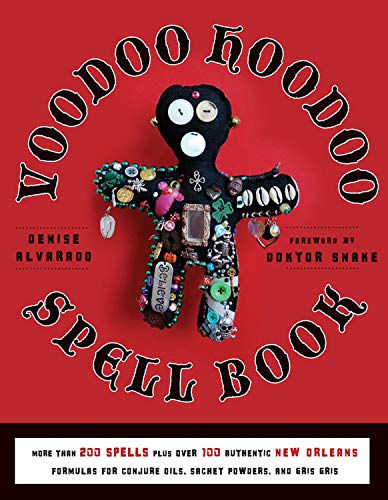 Book cover with "Voodoo Hoodoo Spellbook" title and a decorated voodoo doll.