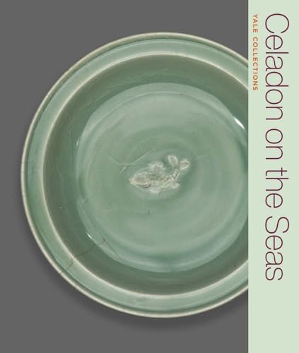 Green celadon ceramic dish with carved floral design, book cover.