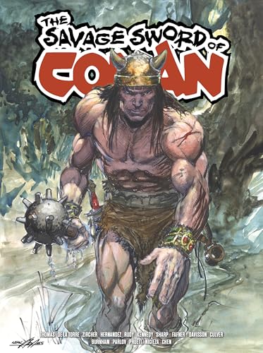 Muscular Conan the Barbarian with spiked mace, illustrated cover art.