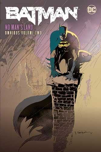Batman stands on rubble in a destroyed Gotham City, comic book cover.