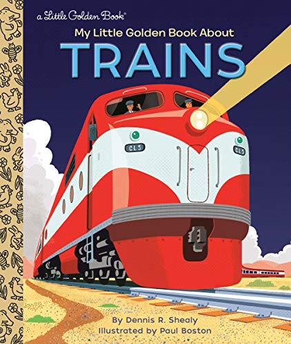 Red and silver train speeding along tracks, children’s book cover.