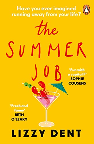 Book cover: yellow background, martini glass with lobster, red title "The Summer Job".
