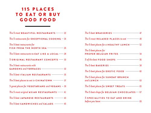 Table of contents listing Antwerp restaurants and food shops, red text on white.