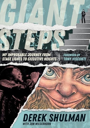 Book cover showing a man on stairs, a singer, and a large illustrated face.