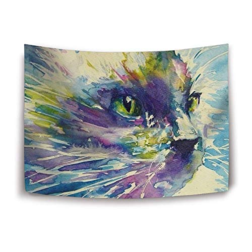 Colorful watercolor painting of a cat’s face, close-up view.