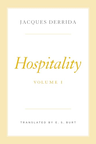 Book cover: “Hospitality, Volume I” by Jacques Derrida, pale yellow background.