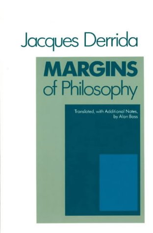 Book cover: "Margins of Philosophy" by Jacques Derrida, with blue and green blocks.