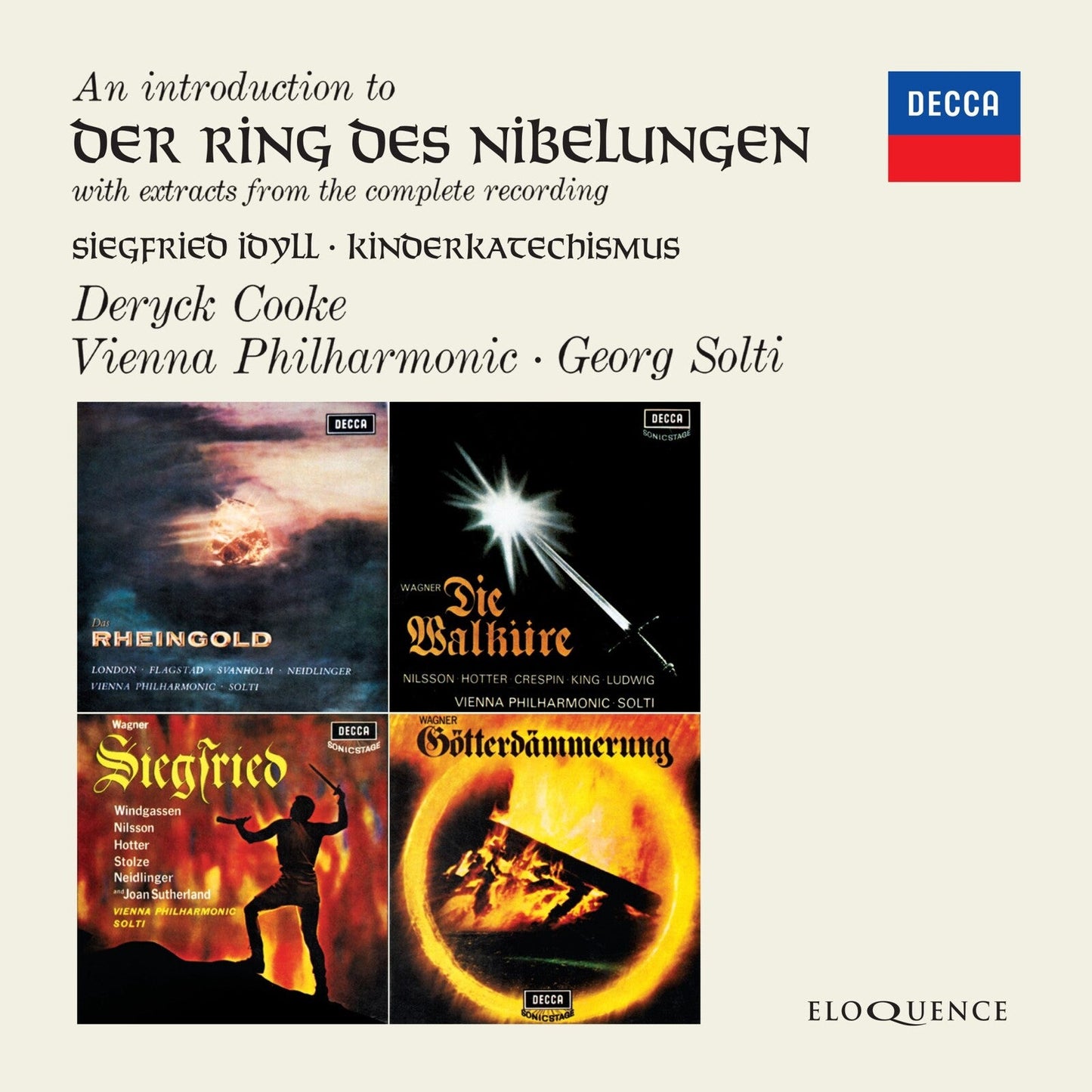 CD cover for Deryck Cooke's introduction to Wagner's Ring cycle, featuring four opera album covers.