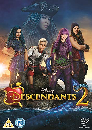 DVD cover featuring five young actors from the movie Descendants 2 against a background.