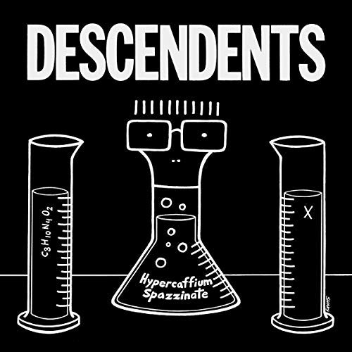 Descendents album cover: white text and cartoon beakers on black background.