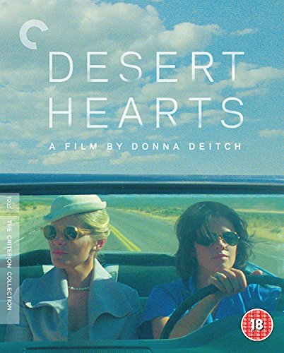 "Desert Hearts" Blu-ray cover featuring two women driving a car in a desert landscape.