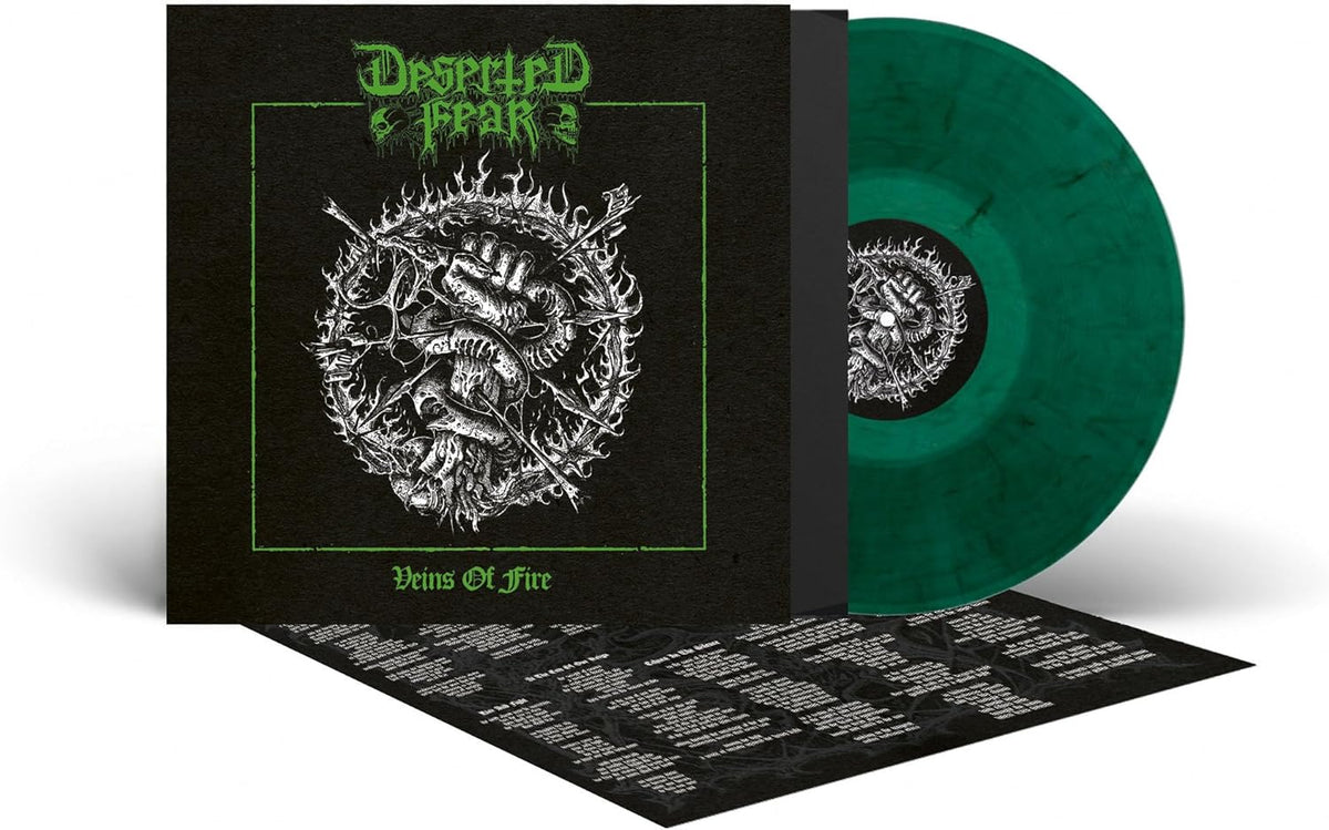 Deserted Fear" album cover and green vinyl record with ornate design.