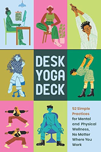 Colorful illustrated card deck featuring people doing yoga at desks.