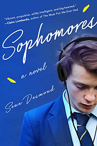Book cover for “Sophomores” featuring a young man with headphones.