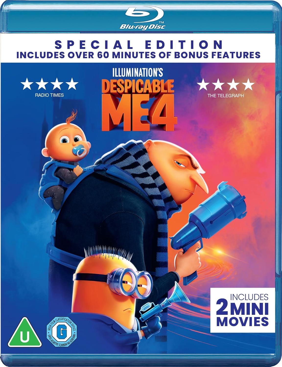 Despicable Me 4" Blu-ray cover featuring Gru, Minions, and bonus feature text.