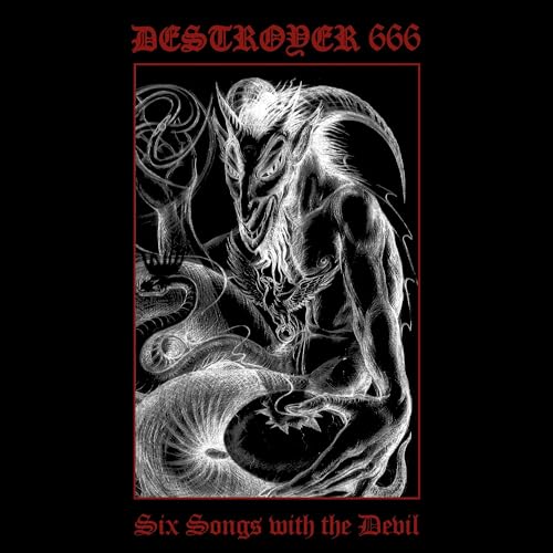 Destroyer 666 album cover: demonic figure in red-bordered black and white art.